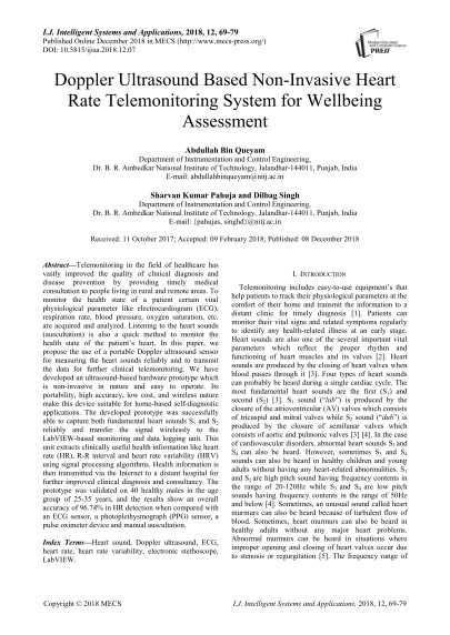 Doppler Ultrasound Based Non-Invasive Heart Rate Telemonitoring System for Wellbeing Assessment