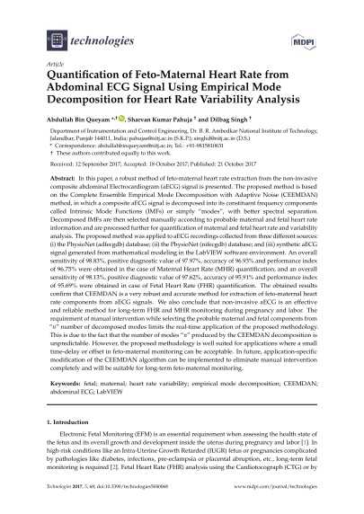 Quantiﬁcation of Feto-Maternal Heart Rate from Abdominal ECG Signal Using Empirical Mode Decomposition for Heart Rate Variability Analysis